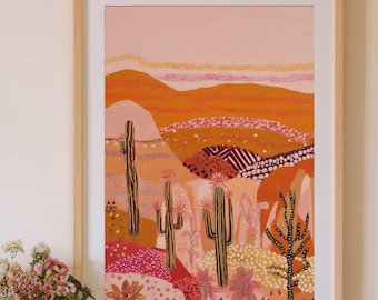 Desert Cactus Art Print: Southwestern Boho Sunset Artwork