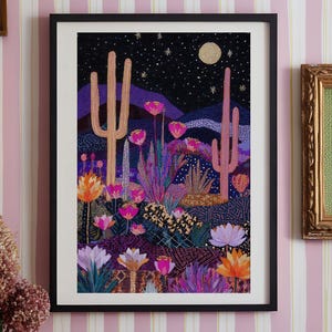 Desert Starry Night Cactus Art Print: Southwestern Folk Art