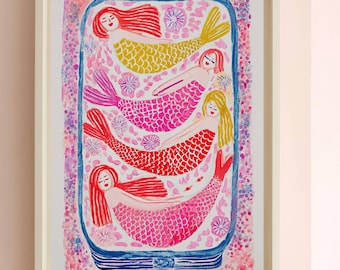 Whimsical Mermaid Print: Woodblock-Style Sleeping Mermaids Art