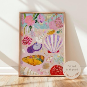 Pastel Seashell Art Print, Impasto-effect Style, Coastal Cottagecore Decor