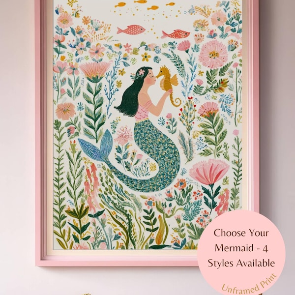 Girl's Room Mermaid and Seahorse Print: Whimsical Coastal Nursery Decor