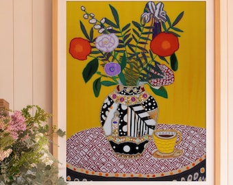 Abstract Floral Vase Art Print: Modern Eclectic Yellow Wall Decor