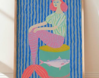 Whimsical Mermaid Art Print: Retro Tuna Can Coastal Decor
