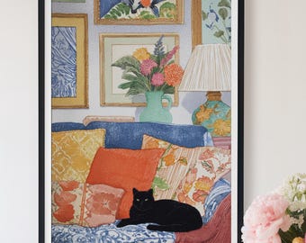 Vintage Black Cat Art Print: Colorful Interior Still Life Wall Decor