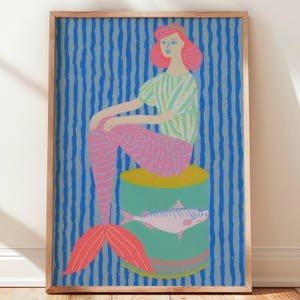 Whimsical Mermaid Art Print: Retro Tuna Can Coastal Decor