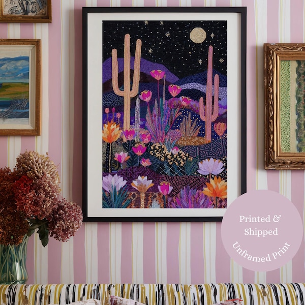 Impresión artística de cactus de la noche estrellada del desierto: arte popular del suroeste