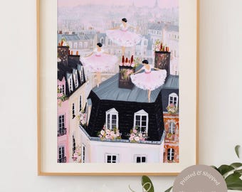 Pink Ballerinas Dancing on Paris Rooftop Print: Whimsical Girls Room Art