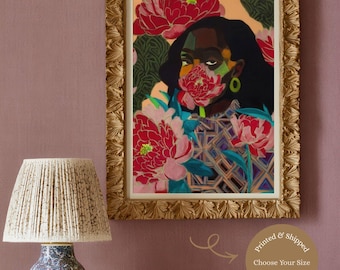 Black Woman Wall Art | Afrocentric Red Peony Floral Print | Colorful Wall Decor