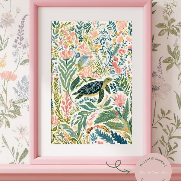 Sea Turtle Botanical Art Print, Coastal Nursery Decor, Whimsical Ocean Garden Wall Art