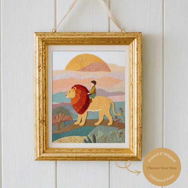 Lion and Boy Storybook Art Print, Safari Nursery Decor, Adventure Wall Art