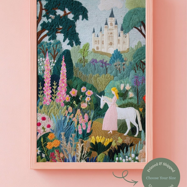 Unicorn Garden Print – Fairytale Castle, Whimsical Floral Nursery Wall Art
