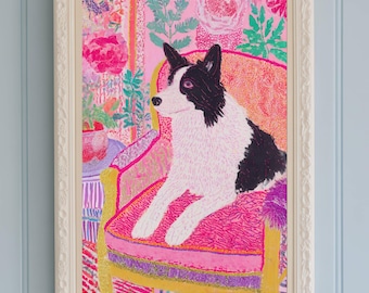 Bordercollie-kunstprint: kleurrijk hondenportret op vintage stoel