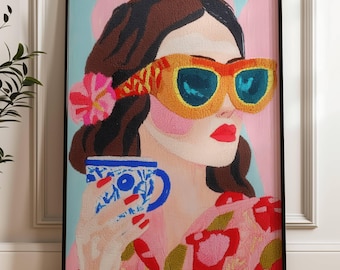 Woman Drinking Coffee Print: Chic Embroidered Style Feminine Wall Art