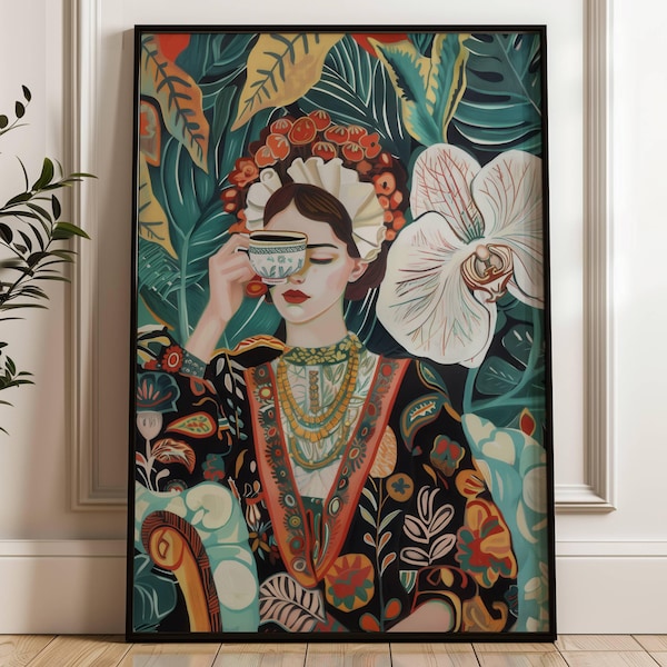 Impresión de mujer tomando café: arte mural botánico inspirado en William Morris