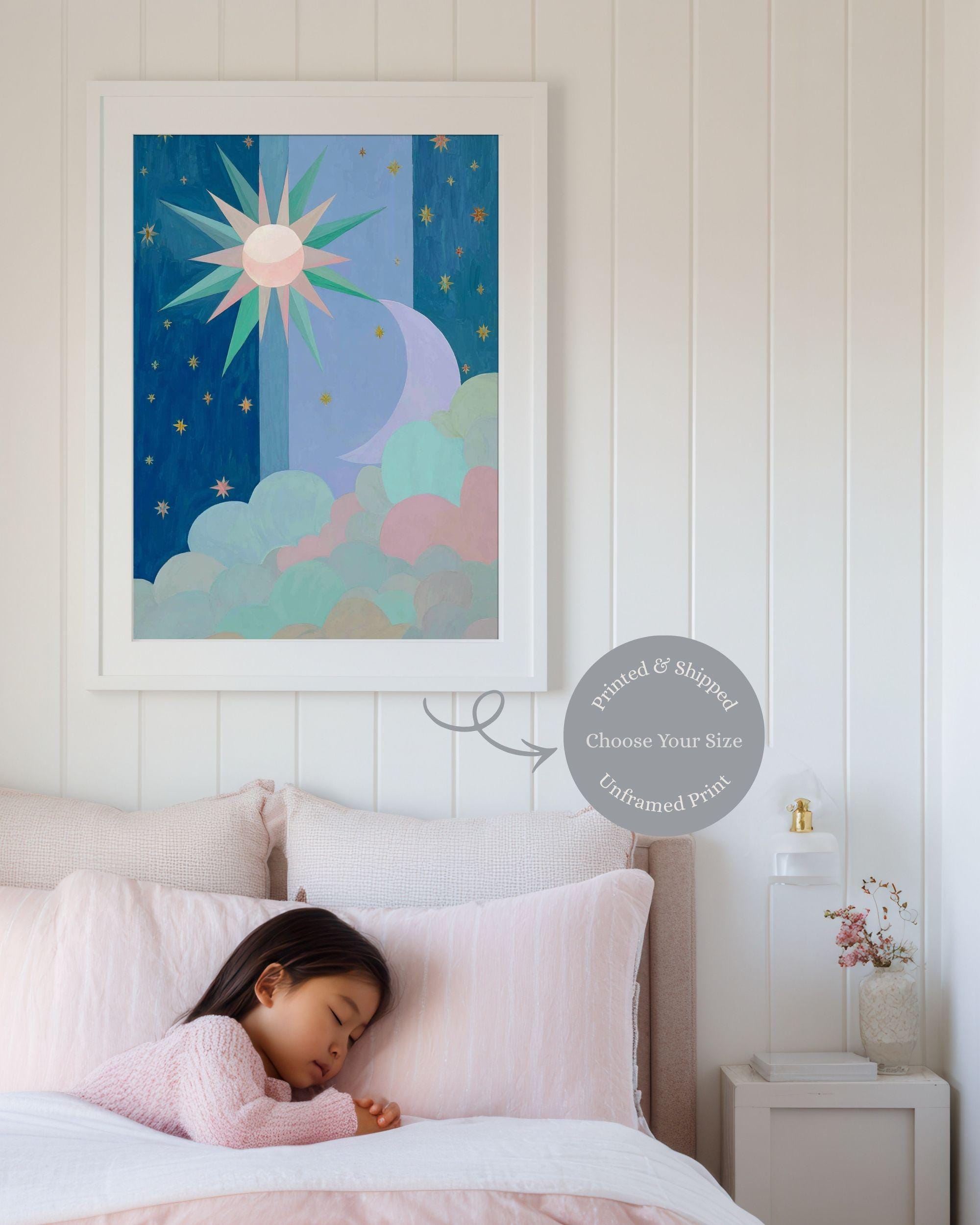Celestial Moon Phase Art Print | Boho Stars, Sun, Clouds Wall Decor - Etsy