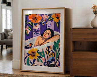 Matisse Woman in Bath Art Print: Bold Floral Bathroom Decor