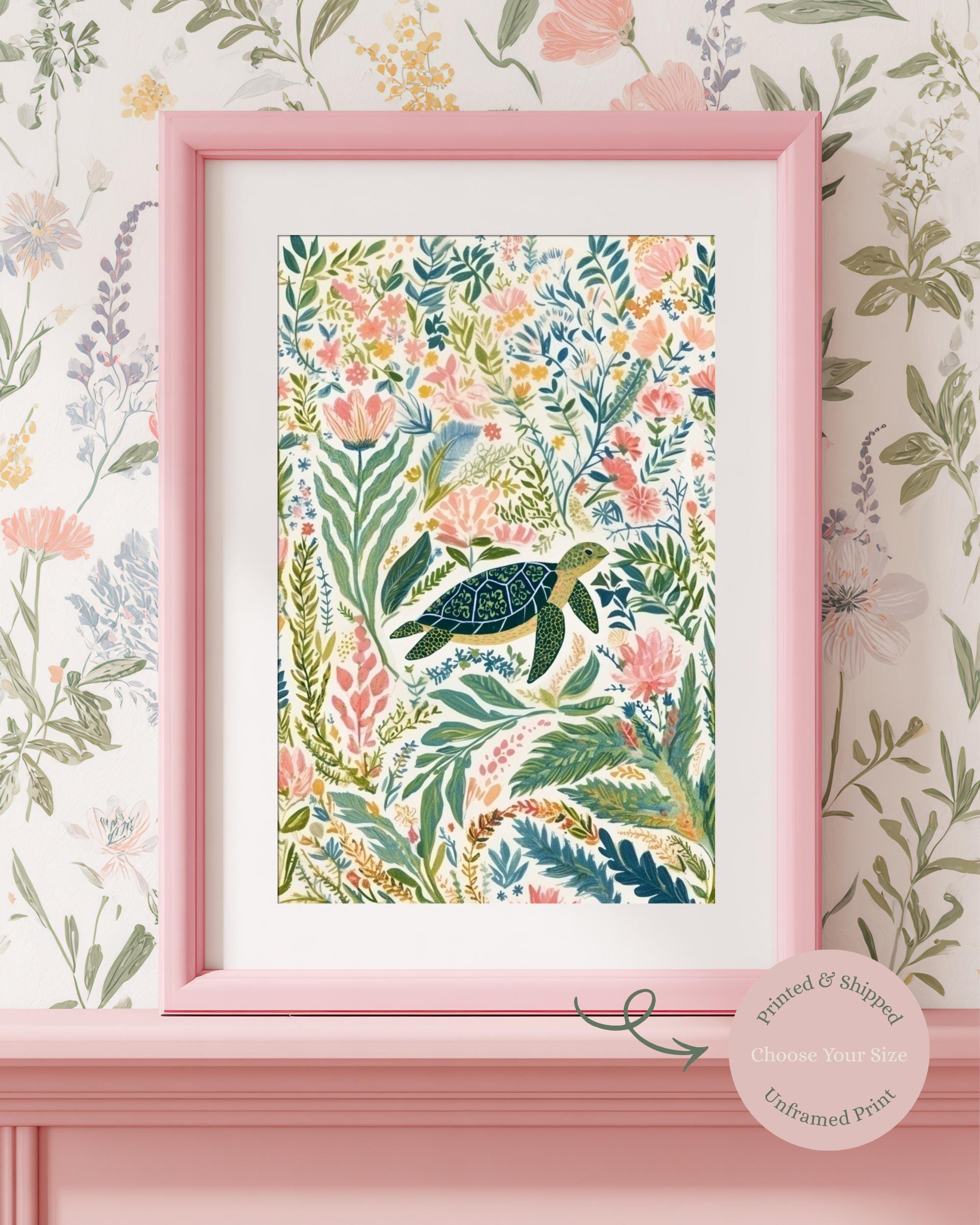 Sea Turtle Botanical Art Print, Coastal Nursery Decor, Whimsical Ocean ...