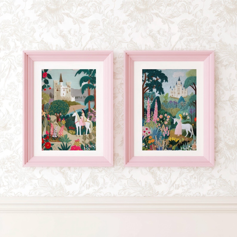 May include: Two framed art prints featuring a person riding a white unicorn near a castle. The left print shows a castle by a lake, while the right print depicts a castle in a lush garden with pink flowers, green trees, and foliage.
