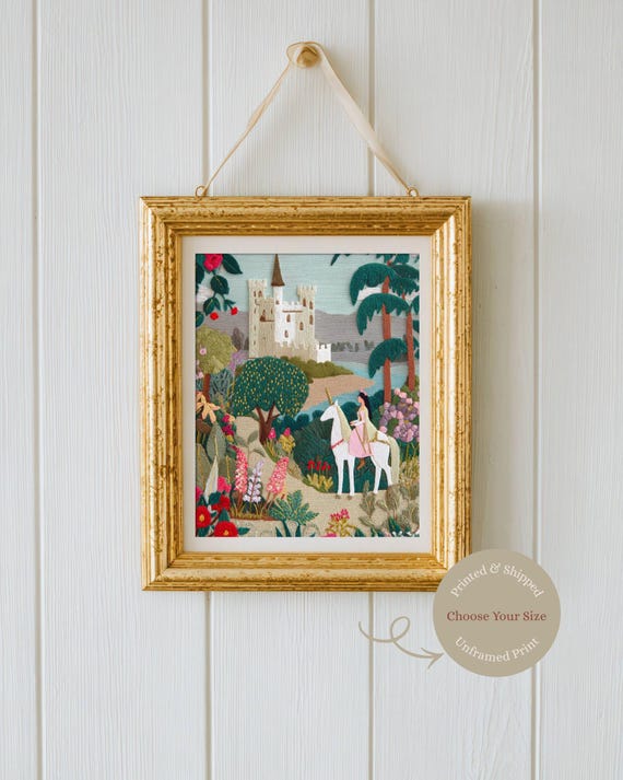 Fairytale Princess Unicorn Print: Whimsical Castle Wall Art for Girls Room