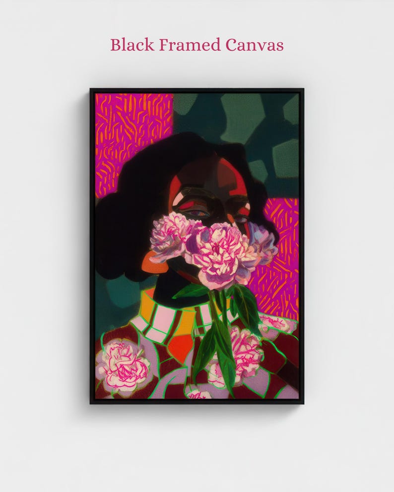 May include: A black framed canvas featuring a vibrant digital illustration of a person with dark hair, partially obscured by a cluster of pink peonies. The background displays bold magenta and dark green geometric patterns, with the text Black Framed Canvas.