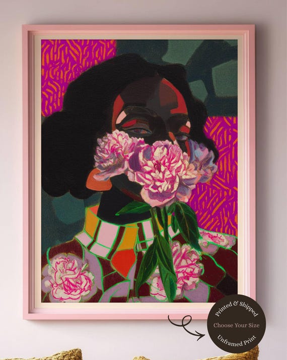 Black Woman Portrait Print | Afrocentric Peony Floral Art | Colorful Wall Decor