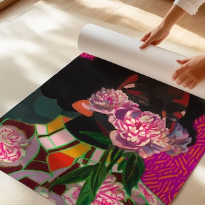 May include: A rectangular canvas print featuring a vibrant painting of pink peony flowers with green leaves against a dark background. The artwork includes geometric patterns in shades of orange, yellow, and pink, with a textured, painterly finish.