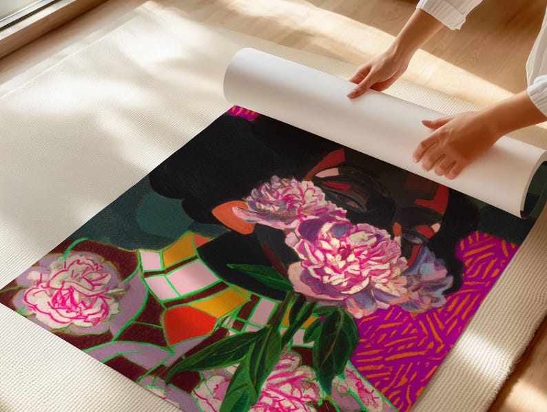 May include: A rectangular canvas print featuring a vibrant painting of pink peony flowers with green leaves against a dark background. The artwork includes geometric patterns in shades of orange, yellow, and pink, with a textured, painterly finish.