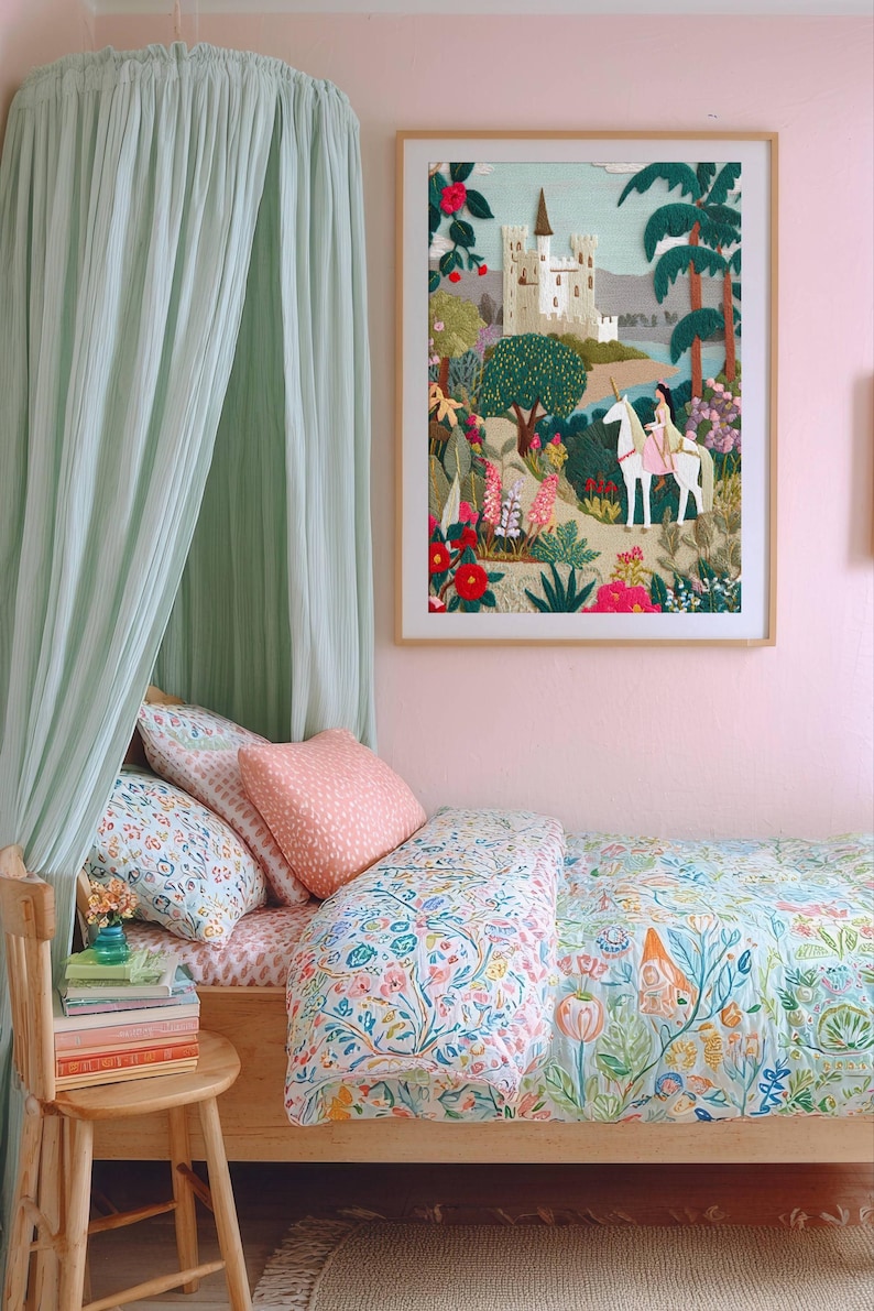 May include: A bedroom scene featuring a wooden bed with floral bedding and pillows. A framed tapestry depicts a castle scene with a unicorn. A light green canopy hangs above the bed, and a small wooden chair holds books and a vase of flowers. The walls are painted pink.