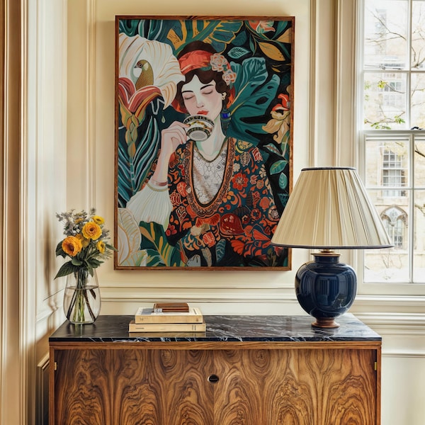 Impresión de retrato de mujer botánica: arte de café inspirado en William Morris