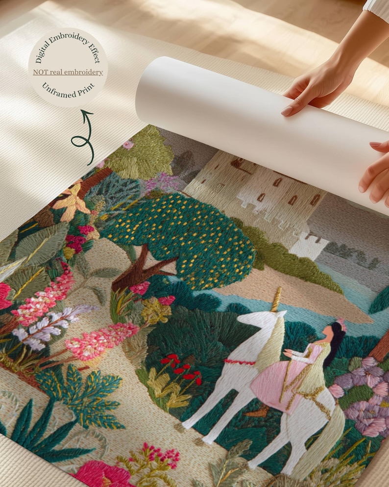 May include: An unframed print with a digital embroidery effect, featuring a fantasy scene. A woman in a pink dress rides a white unicorn through a colorful landscape with a castle in the background. The print is partially rolled up, revealing the back.