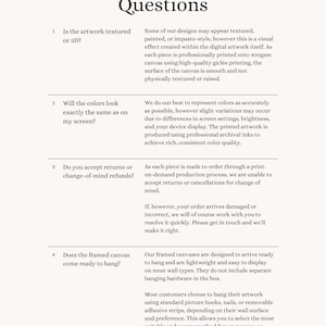 May include: A white informational document titled Frequently Asked Questions with black text. It lists four numbered points regarding artwork texture, color accuracy, return policies, and hanging instructions for printed canvas products.