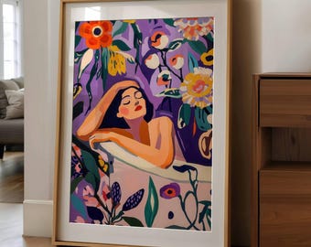 Woman in Bath Art Print: Colorful Bathroom Wall Decor