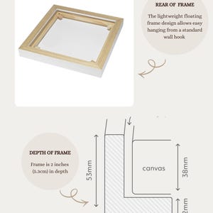 May include: A square floating frame with a white exterior and natural wood interior. Text states: REAR OF FRAME, The lightweight floating frame design allows easy hanging from a standard wall hook, DEPTH OF FRAME, Frame is 2 inches (5.3cm) in depth.