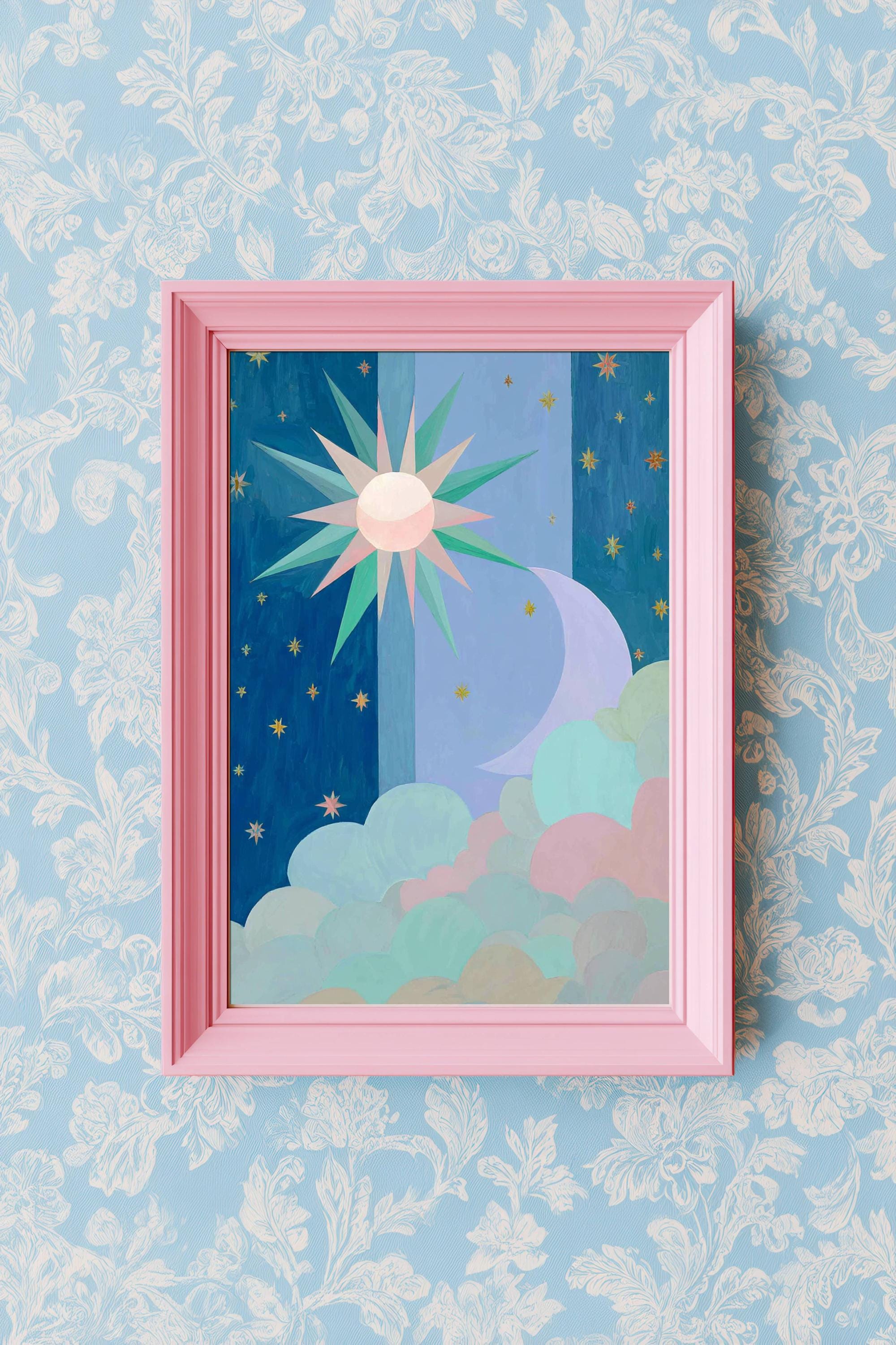 Celestial Moon Phase Art Print | Boho Stars, Sun, Clouds Wall Decor - Etsy