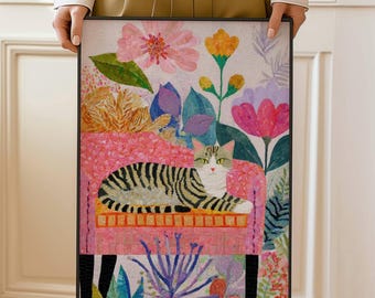 Tabby Cat Art Print: Whimsical Sleeping Cat on Pink Couch