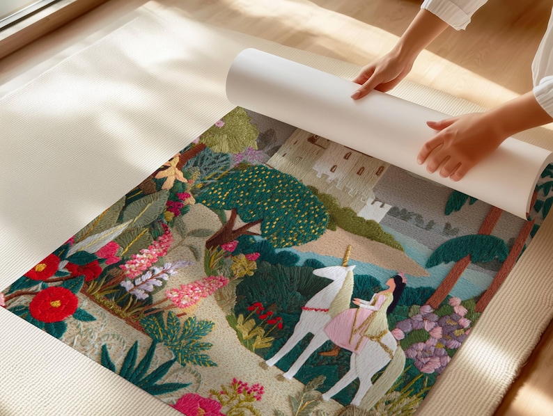 May include: A colorful, embroidered tapestry featuring a unicorn with a rider, set in a whimsical landscape with flowers, trees, and a castle. The tapestry is being unrolled, revealing the detailed artwork.