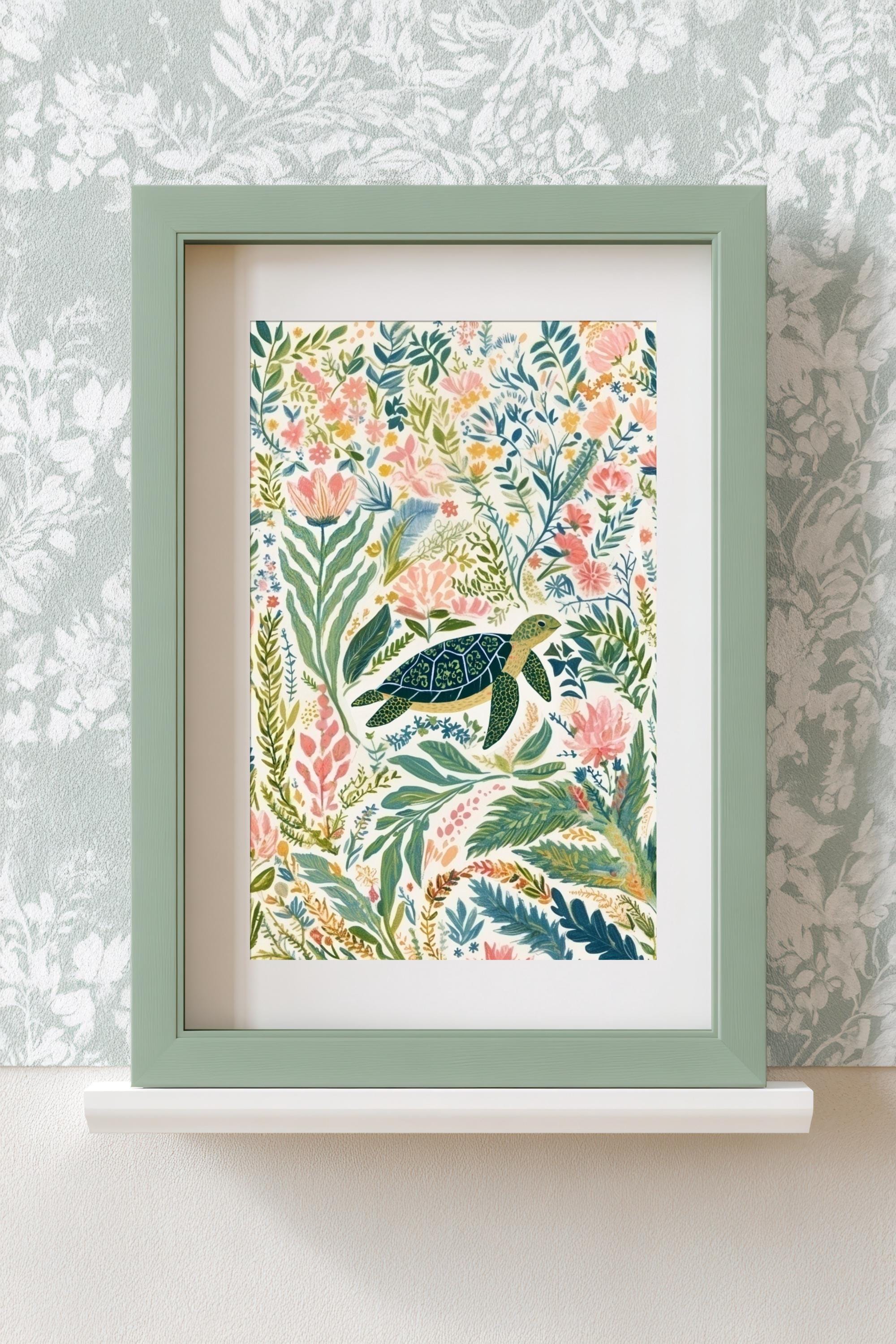 Sea Turtle Botanical Art Print, Coastal Nursery Decor, Whimsical Ocean ...