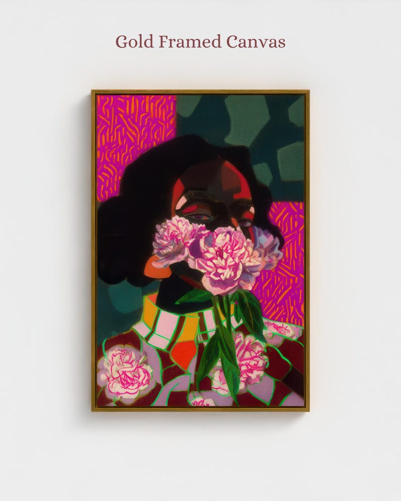 May include: A gold framed canvas featuring a painting of a figure with dark hair holding a bouquet of pink and white peonies over their face. The background displays vibrant magenta and dark green geometric patterns, with the text Gold Framed Canvas.