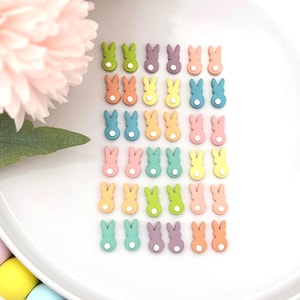 Könnte beinhalten: Eine Sammlung kleiner, flacher, hasenförmiger Verzierungen, die in einem Raster angeordnet sind. Jeder Hase ist in einer einfarbigen Pastellfarbe gehalten, darunter Grün, Lila, Orange, Gelb, Blau und Rosa, und hat einen kleinen weißen runden Schwanz.
