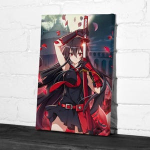 以下が含まれることがあります： アニメスタイルのアートワークのキャンバスプリント。長い黒髪と赤い目の女性キャラクターが赤い剣を持っています。彼女は赤いアクセントの黒い衣装を着ています。背景には城と落ちる赤い花びらが描かれています。