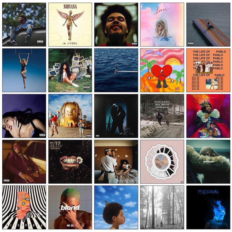 May include: A collection of album covers featuring diverse artwork and artists. The covers showcase various styles, including portraits, abstract designs, and scenic landscapes. The albums represent a range of musical genres and artists.