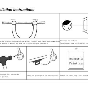 May include: Diagram illustrating installation instructions for decorative paintings. Includes steps for measuring, confirming position, hammering nails, and hanging the artwork. Text reads "Installation instructions" and "Decorative Paintings".