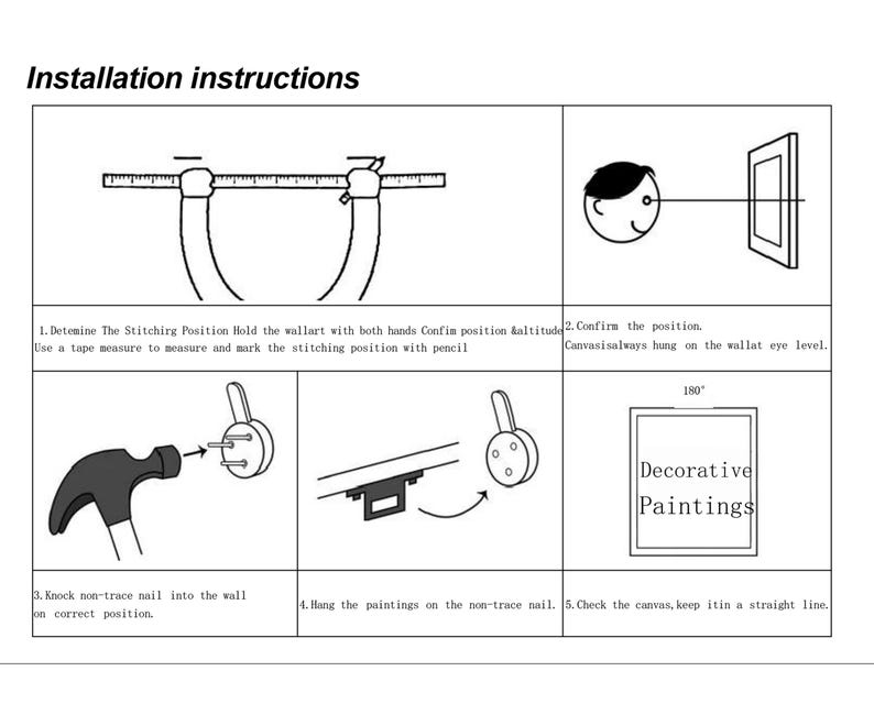 May include: Diagram illustrating installation instructions for decorative paintings. Includes steps for measuring, confirming position, hammering nails, and hanging the artwork. Text reads "Installation instructions" and "Decorative Paintings".