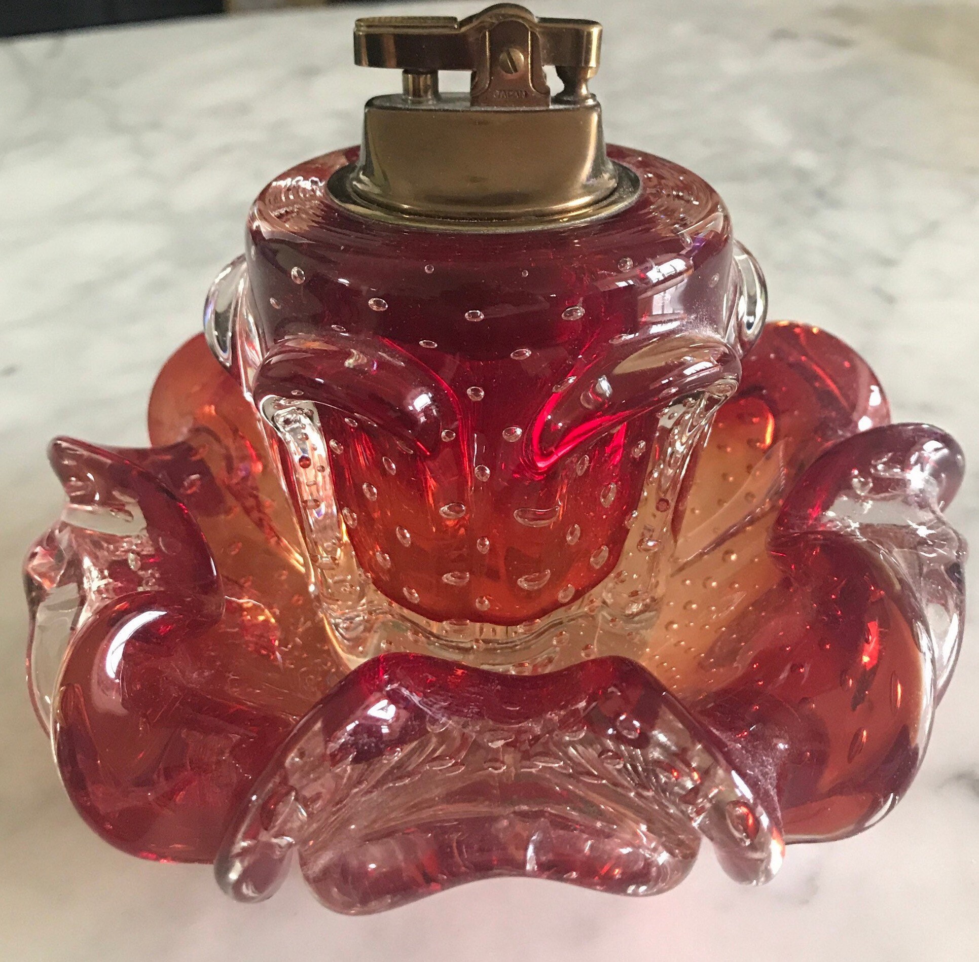 Murano Ruby Glass Ashtray & Lighter Set With Label Mid Century