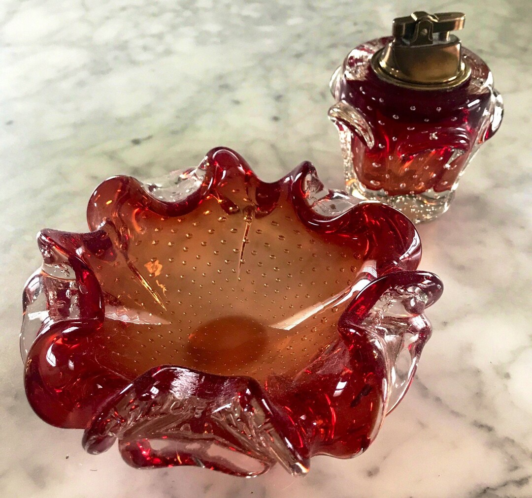 Murano Ruby Glass Ashtray & Lighter Set With Label Mid Century