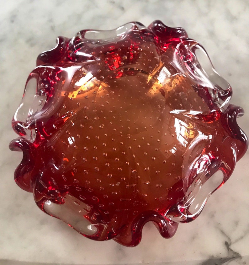 Murano Ruby Glass Ashtray & Lighter Set With Label Mid Century