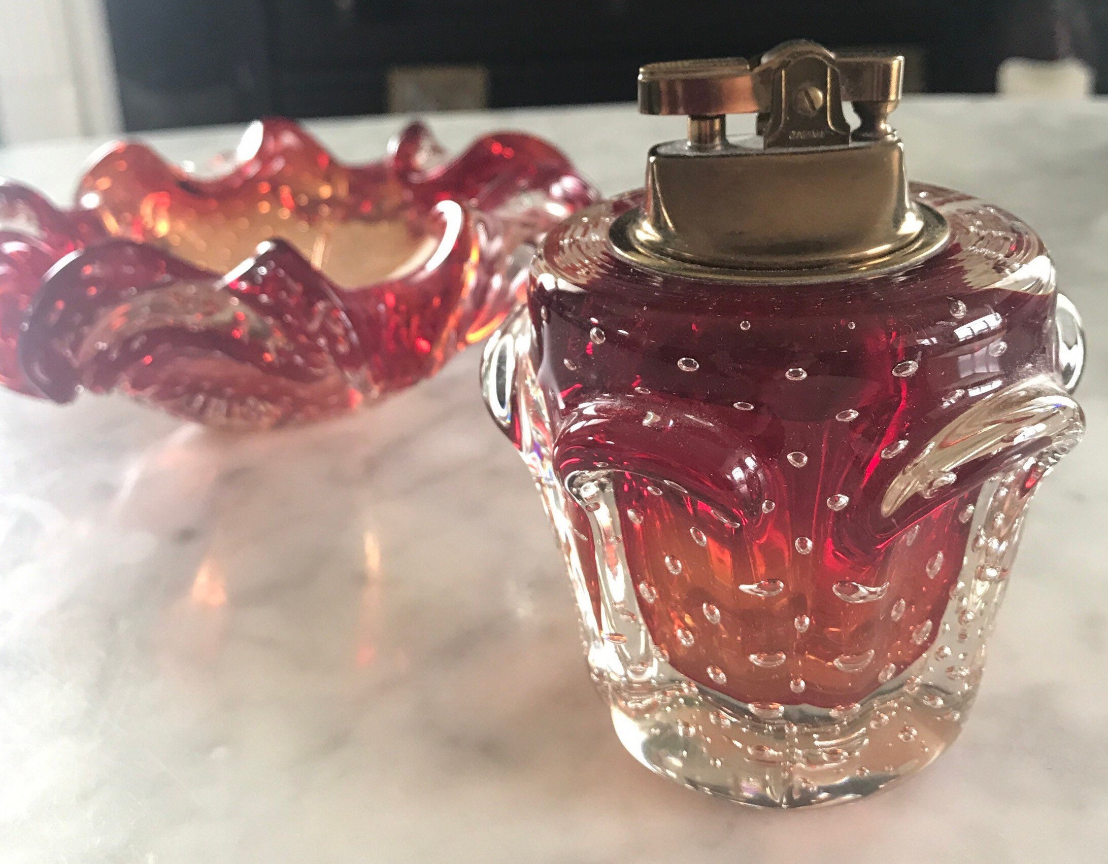 Murano Ruby Glass Ashtray & Lighter Set With Label Mid Century