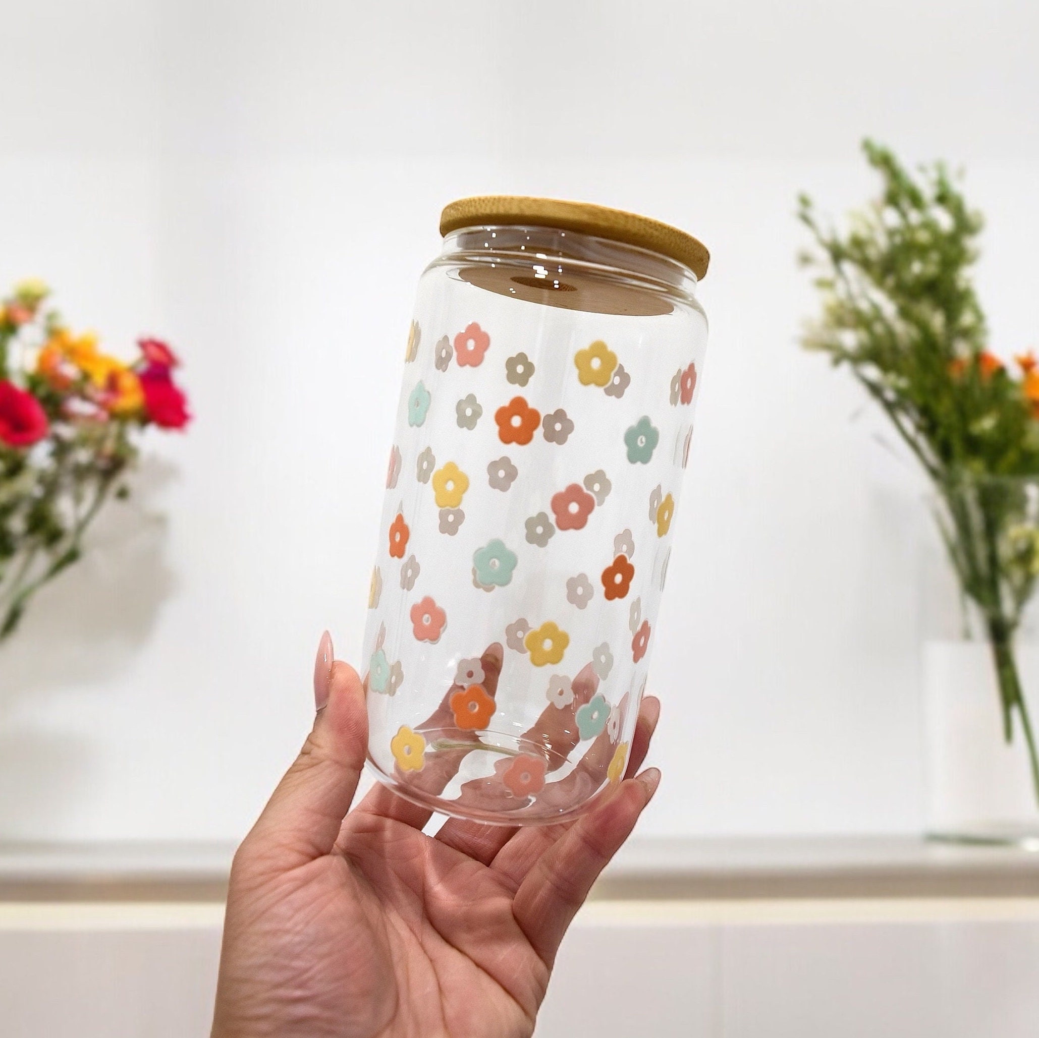 Floral Glass Cup (16 Oz) With Bamboo Lid & Glass Straw - Etsy Canada
