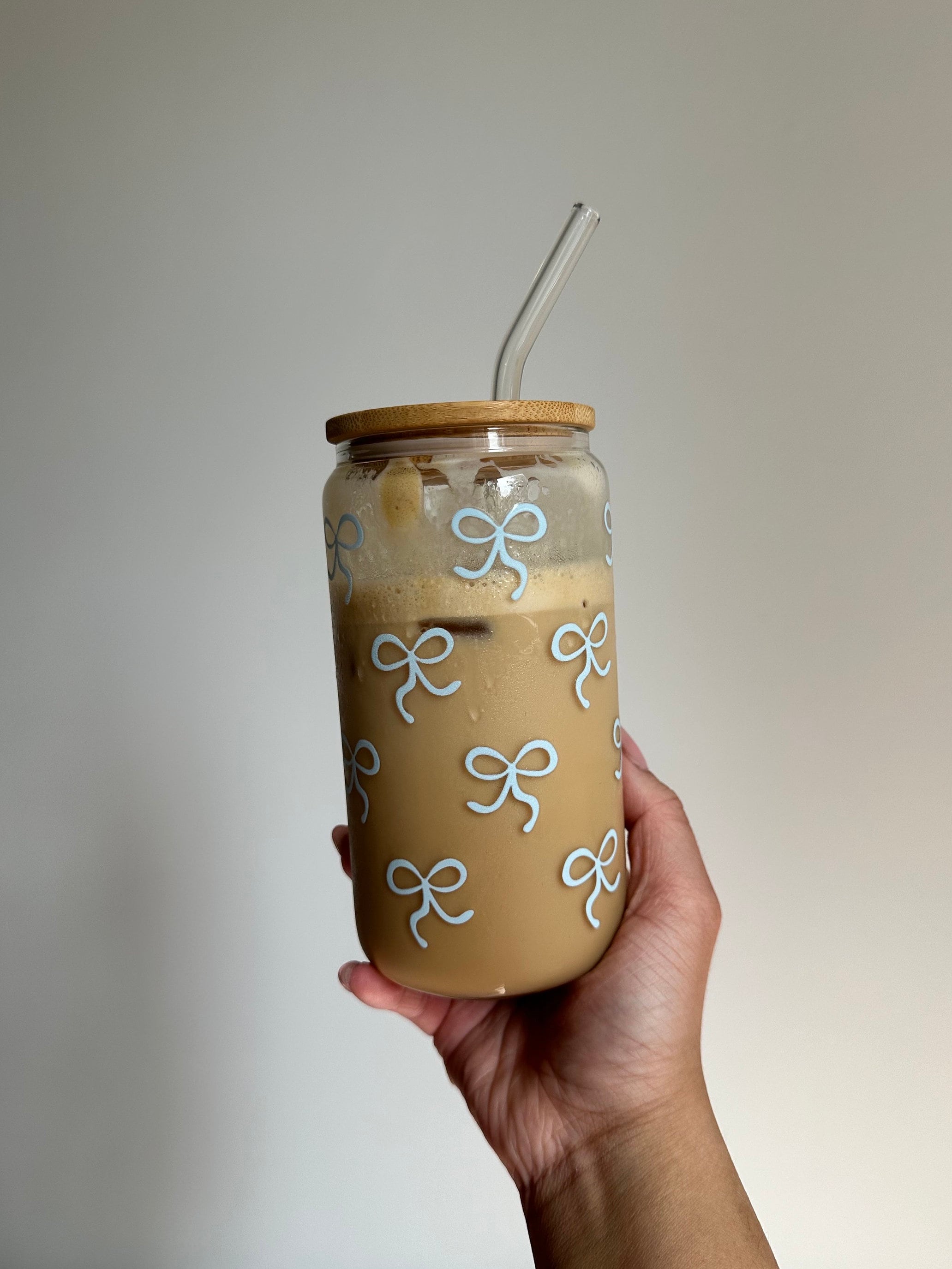16 Oz Coquette Glass Cup Blue Bows, Bamboo Lid & Glass Straw ...