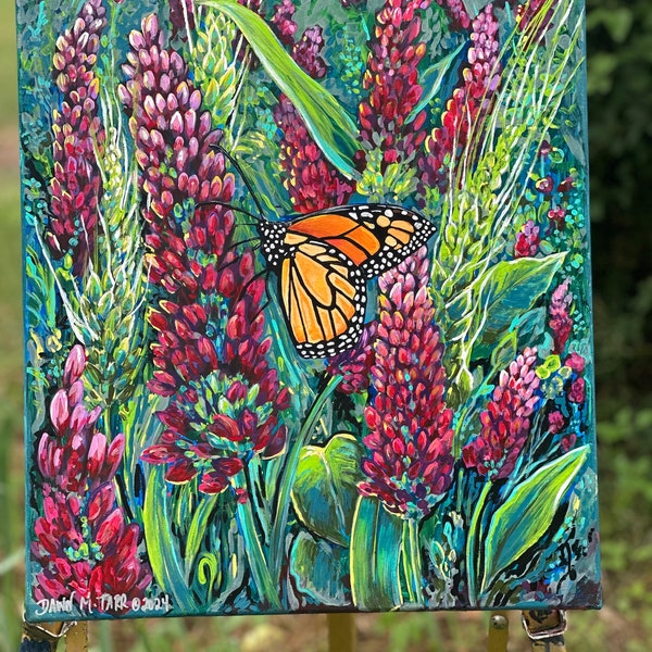 butterfly in the clover original painting on canvas by Dawn Tarr Art purple red gree Reiki infused for Good Fortune healing energy art